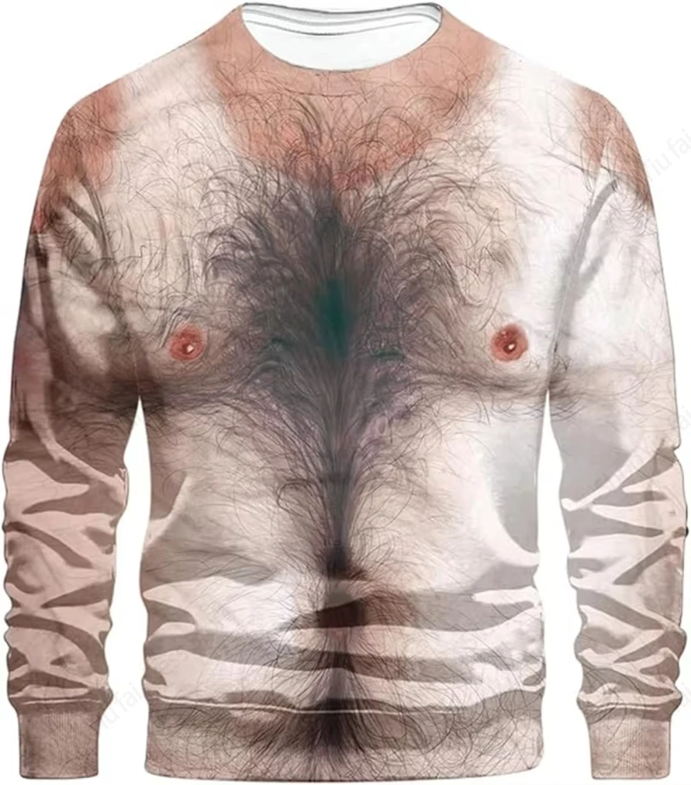 Crewneck Long Sleeve T-shirt 3D Funny Muscle Body Printed T-shirts Slim Oversized T shirt Men Tops Ugly Chest Hair Tops Tees New