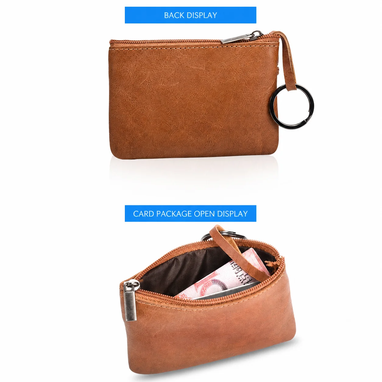 Small Wallet Retro Compact Zipper Wallet Mini Coin Purse Double Zipper Top Grain Leather Wallet For Short Trips Usb Drive Women