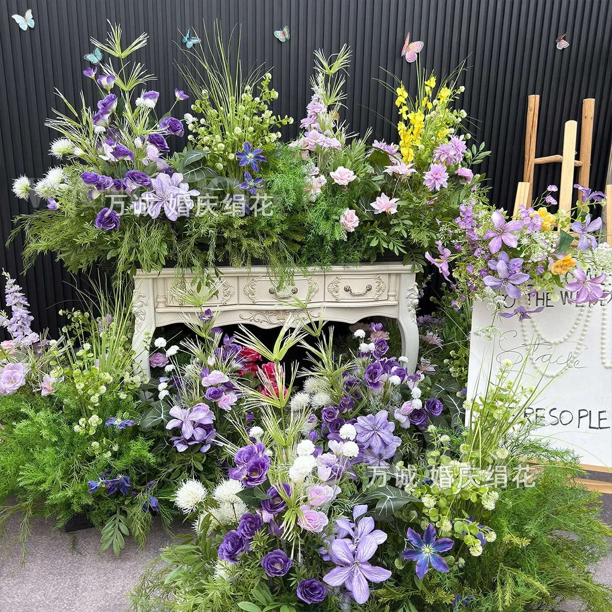 Summer forest-style wedding, wedding ground arrangement decoration, imitation floral art, fake flower walkway, runway