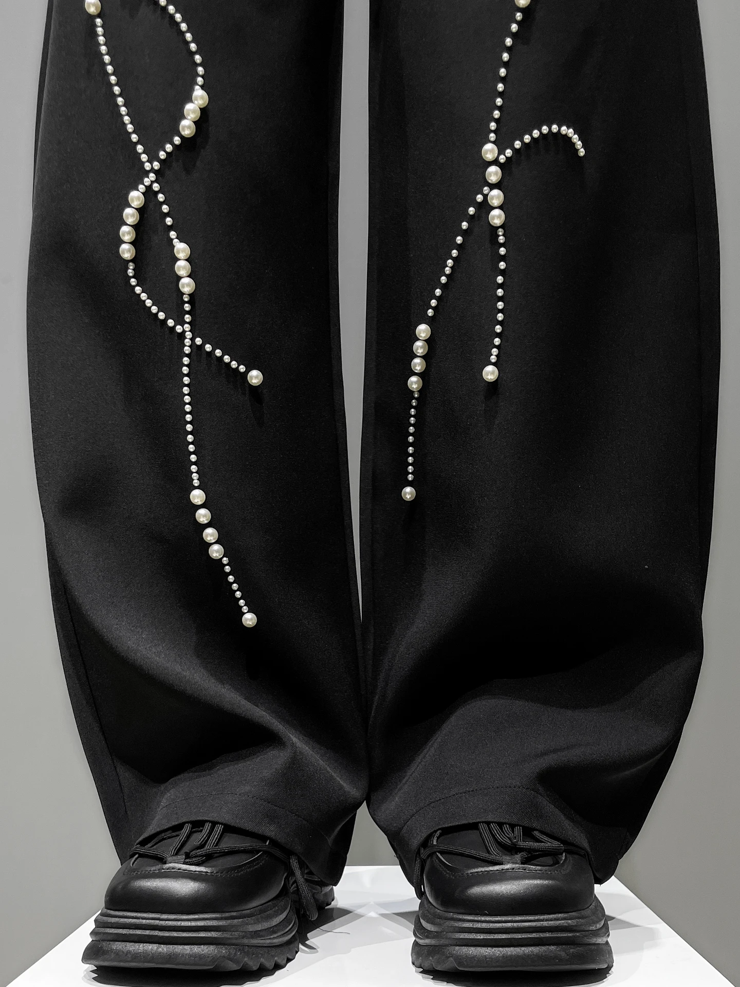 Japanese Original Fashion Trendy Design Pearl Beaded Black Trousers Stylish Men's Loose Straight Wide-Leg Casual Long Pants