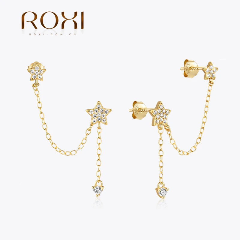 ROXI 925 Sterling Silver Mini Double Tassel Chain Crystal Stud Earrings For Women  Star Zircon Chain Earring jewelry