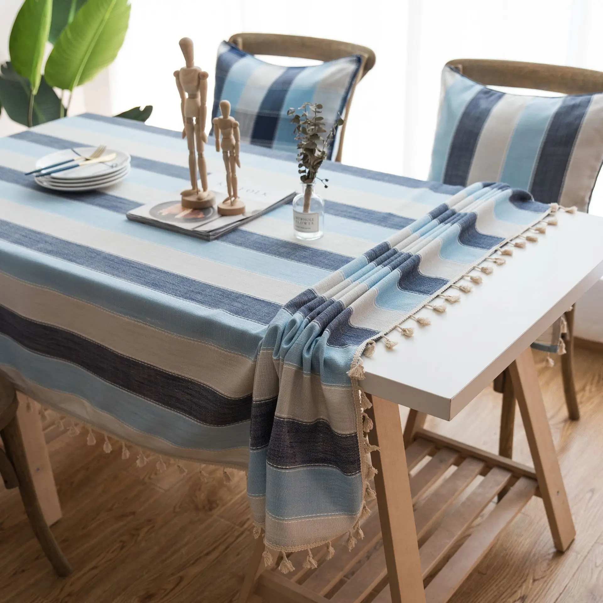 

Striped Tassel Tablecloth Stitching Rectangle Cotton Linen Fabric Table Cover for Kitchen Dinning Tabletop Waterproof Party