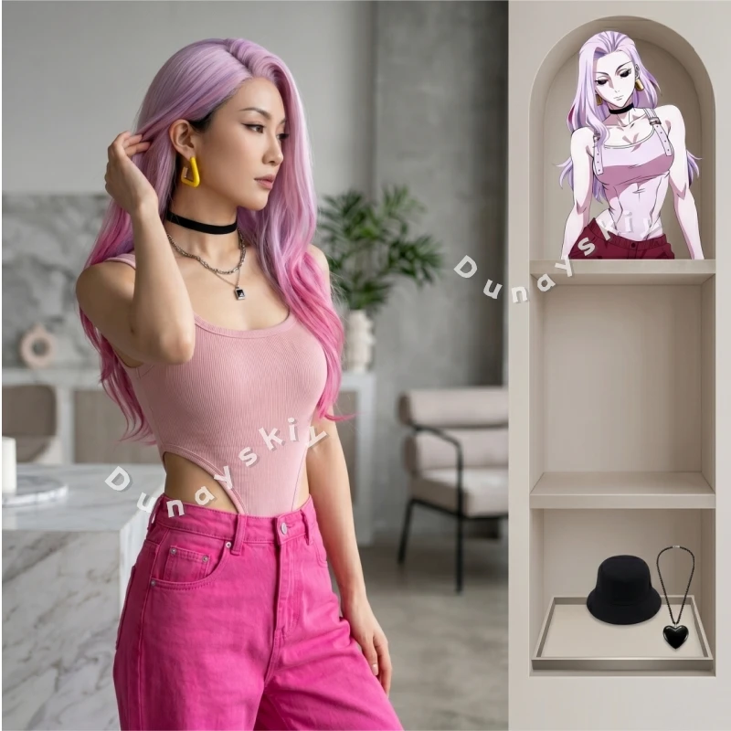 

Juutsu Kisen Uro Takako Cutout Tank Bodysuit Y2K Pink Cosplay Costume Wig Anime Long Straight Pink Hair Halloween Party Cosplay