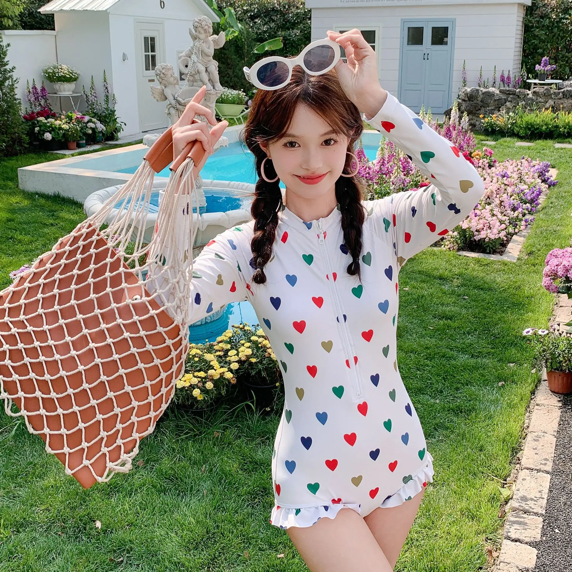 Girls Summer One-piece Swimsuit Long-sleeved One-piece Triangle Swimming Girl Parent-child Foreign Style Swimsuit