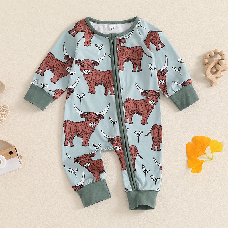 Western Baby Girl Boy Clothes Cow Print Romper Long Sleeve Zipper Bodysuit Jumpsuit Fall Winter Clothes 0 3 6 12 Months