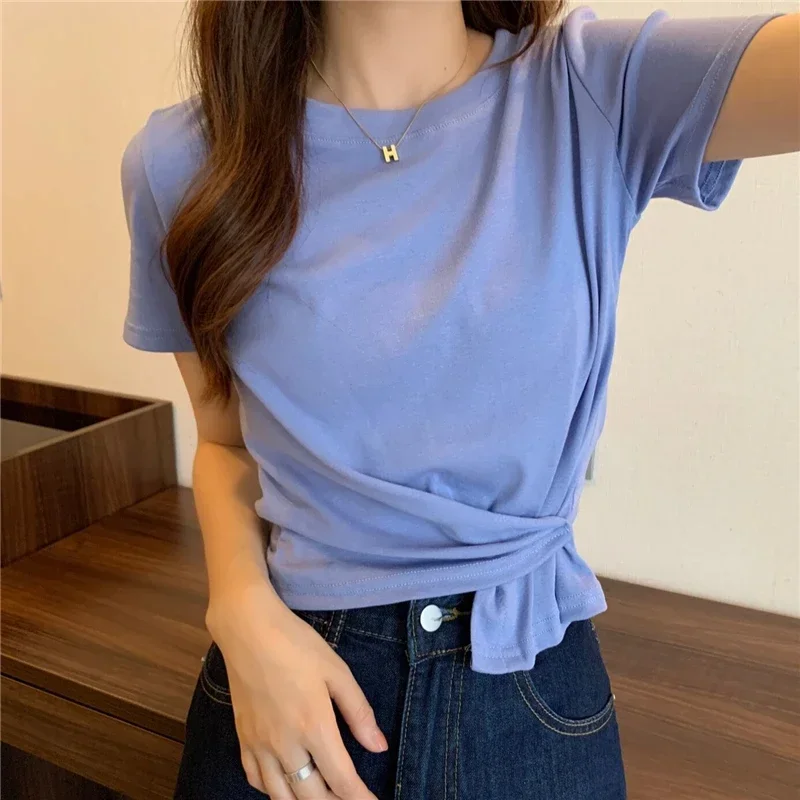 

Women Casual O-Neck Short Sleeve Slim T-shirts Solid White Folds High Waist Short Tops Korean Streetwear Fashion Female Tees Pop