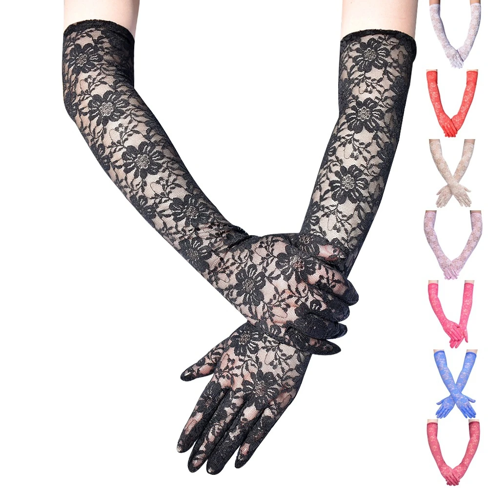 New Elastic Floral Lace Full Finger Holiday Party Gloves For Men Women Solid Sunscreen Long Mittens Outdoor Dress Up Gloves