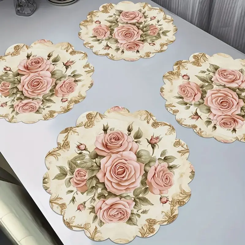 VIKAMA Antique Rose Rococo Placemat Cream Damask Gold Baroque Border Scalloped Edge Romantic Floral Dining Table Mat Vintage