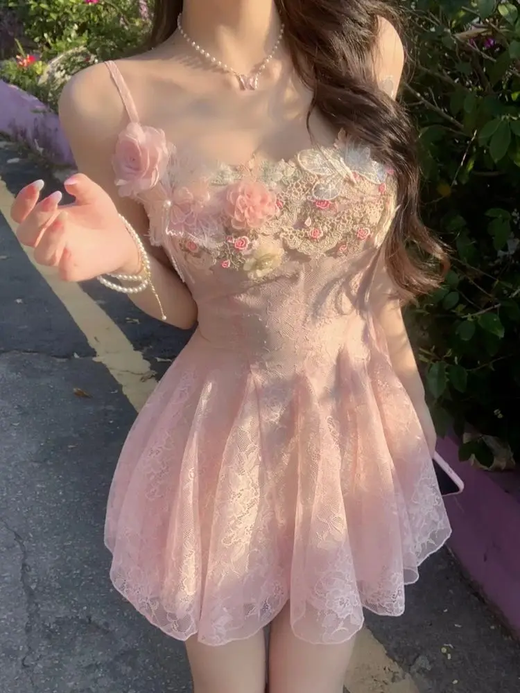 

Summer Women Sweet Appliques Pink Camisole Dress Fairycore High-waisted Slim Sexy Dress 2025 New Fashion Female Party Clothing