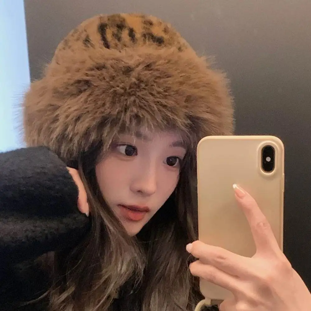 

Leopard Print Fluffy Fur Winter Hat Warm Ear Protection Russian Hat Snow Ski Cap Female Faux Fox Fur Bomber Hat Windproof Bonnet