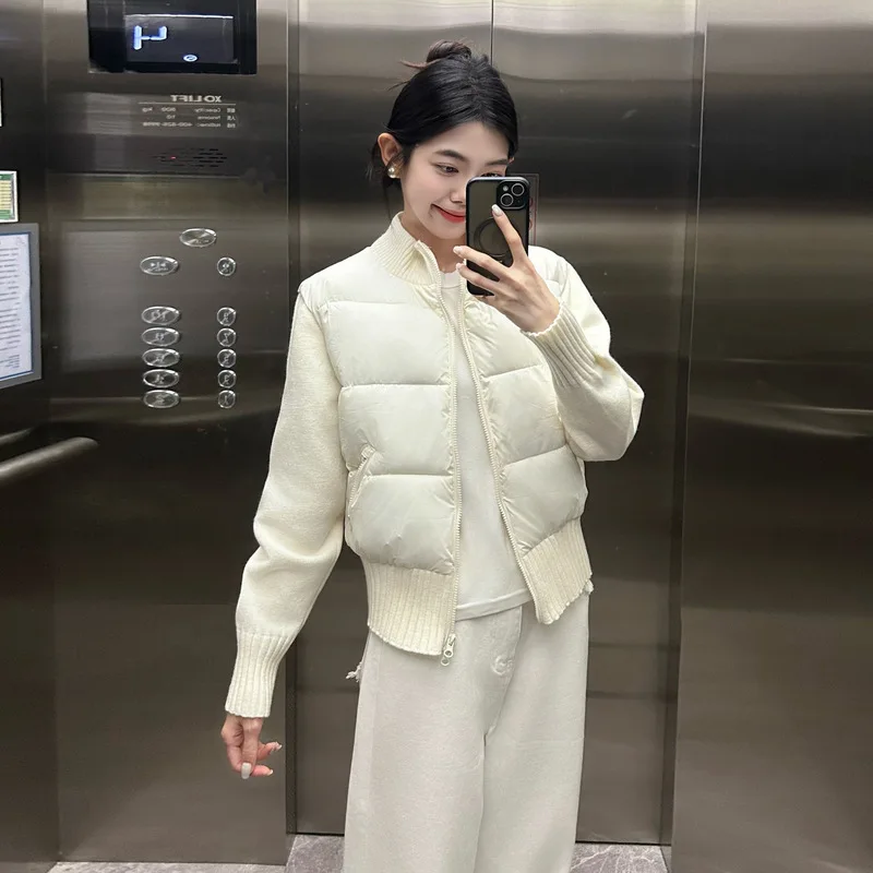 Korean Knitted Splicing Down Cotton-padded Jacket for Women's 2026 Winter Parkas New Small Short Loose Stand-up Collar Overcoat