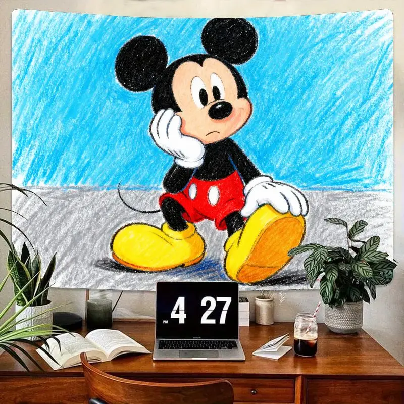 

1PC Disney Mickey Mouse Pensive Sketch Style Tapestry Blue Wall Art Modern Polyester Living Room Bedroom Decor Gift for Fans.