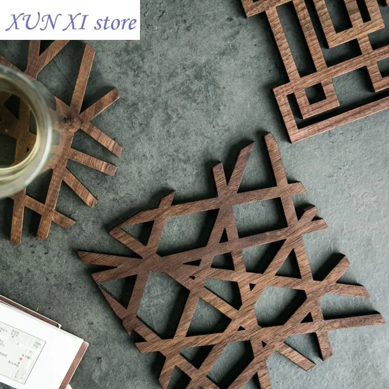 

Insulation Pad Black Walnut Wood Coasters Laser Plate Table Placemat Vintage Chinese Classical Geometric Artistic Deco