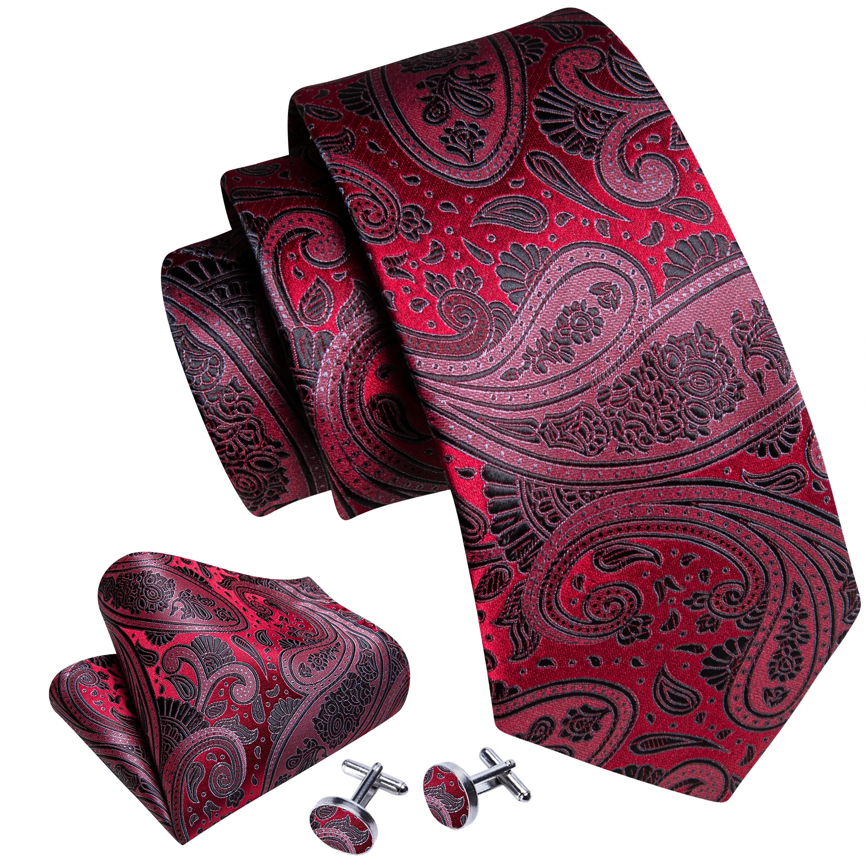 Corbata de Cachemira roja de lujo para hombre, esmoquin de negocios, corbata de seda para boda, conjunto de gemelos cuadrados de bolsillo, corbatas