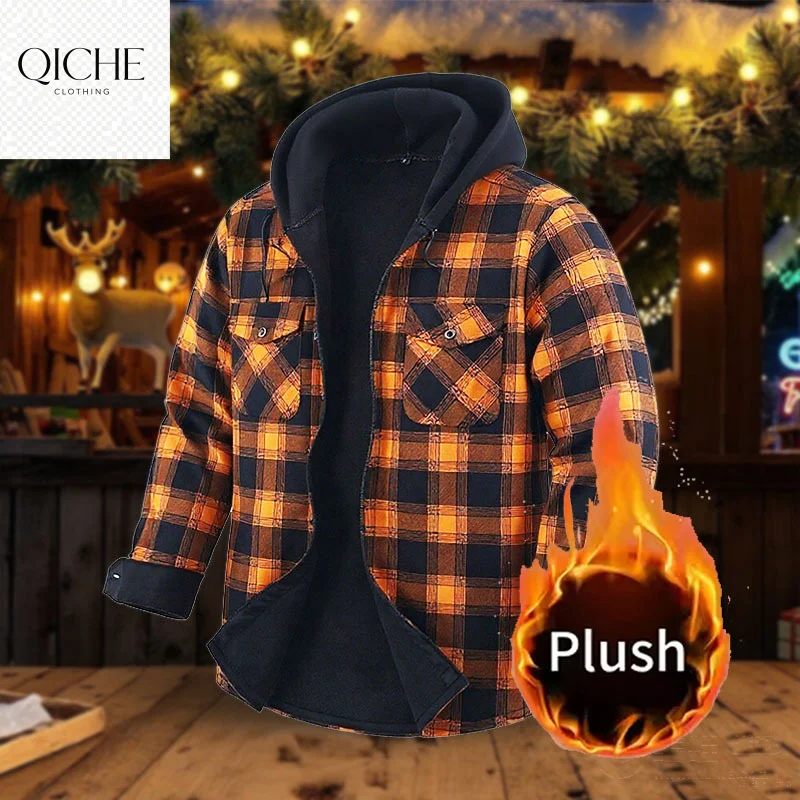QICHE Fleece Lined Thick Flannel Shirt Men Hooded Plaid Long Sleeve Warm Casual Outer Blouse