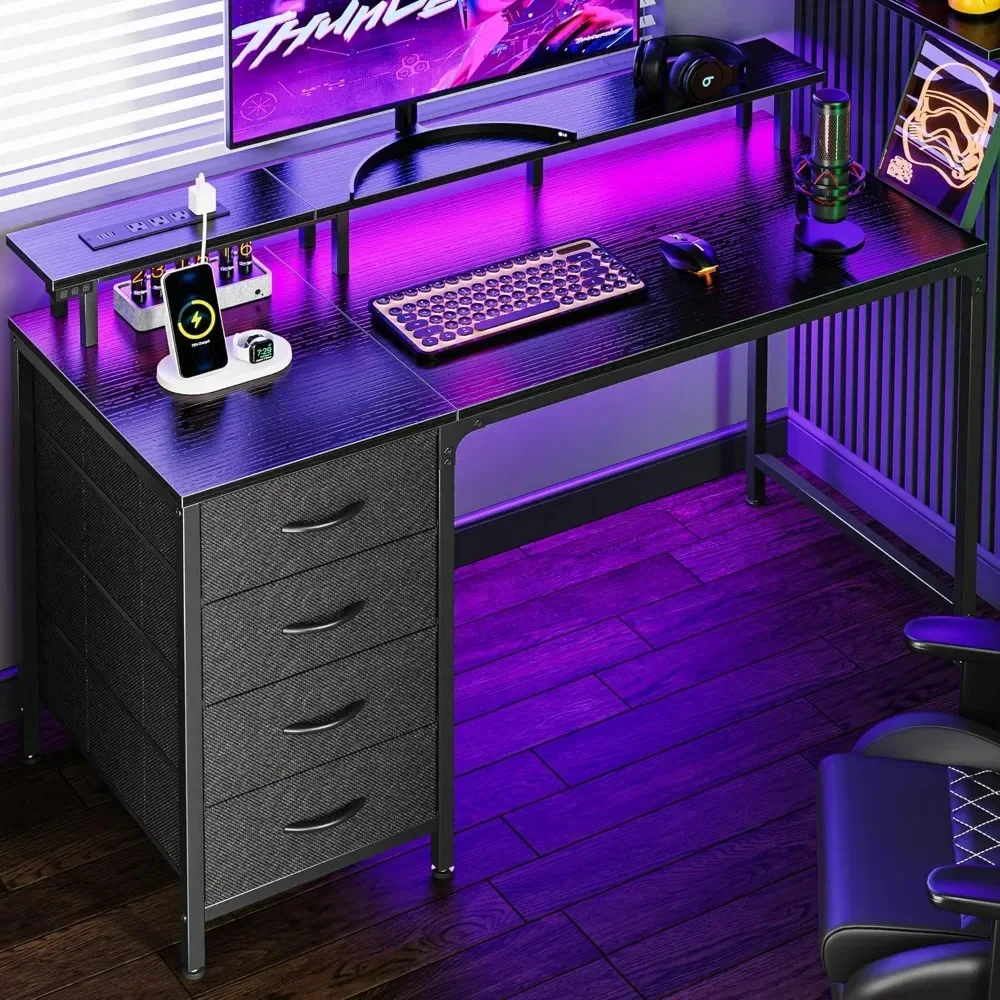 47 Inch Computer  with Power Outlets and LED Lights, Gaming with 4 Drawers, Office Desk with Monitor Stand, Study Desk