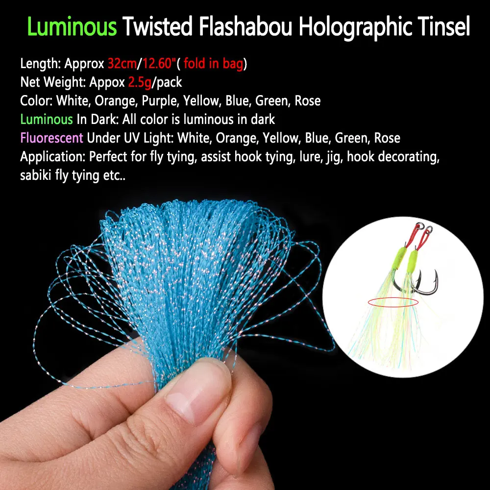 Bimoo 1pack Luminous Twisted Flashabou Holographic Tinsel Crystal Flash Strands For Jig Hook Lure Sabiki Rigs Making Material