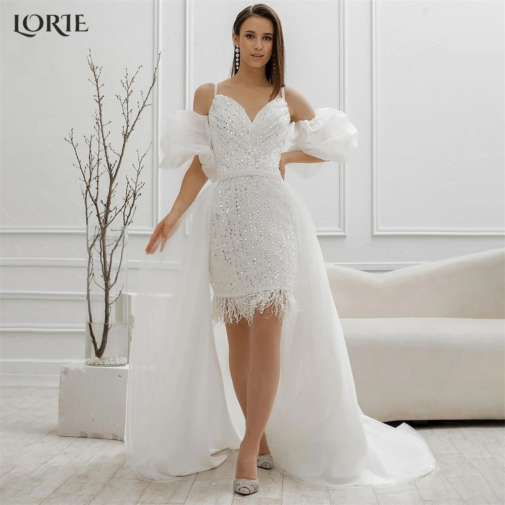 LORIE Luxury Glitter Wedding Dresses Spaghetti Straps Bodycon Knee Length Sequins Bridal Gowns With Chiffon Train Bride Dress