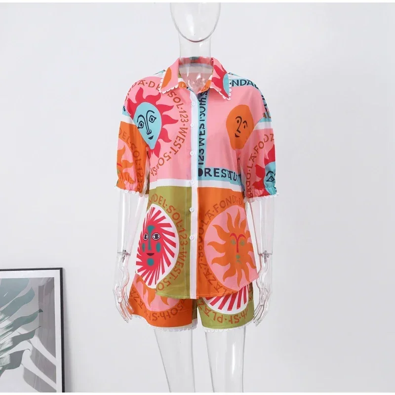 Print Casual Beach Shorts Sets Women 2024 Summer Loose Short Sleeve Turndown Collar Shirt High Waist Shorts Female Suit Lady Set