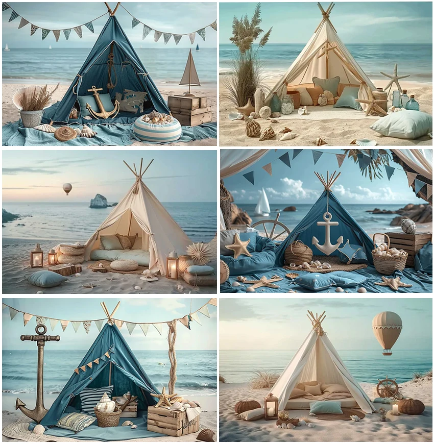 Summer Ocean Seaside Beach Sand Hawaiian Tent Holiday Kids Family Portrait Backdrops Photographic Backgrounds Banner Props