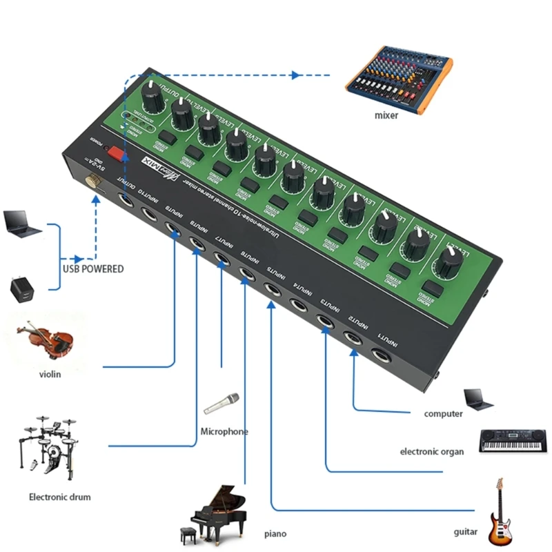 Sound Mixer with 10Channels, Stereo Support, Easy Operate for Sound Enthusiasts 10Input Mixing Board 1Output