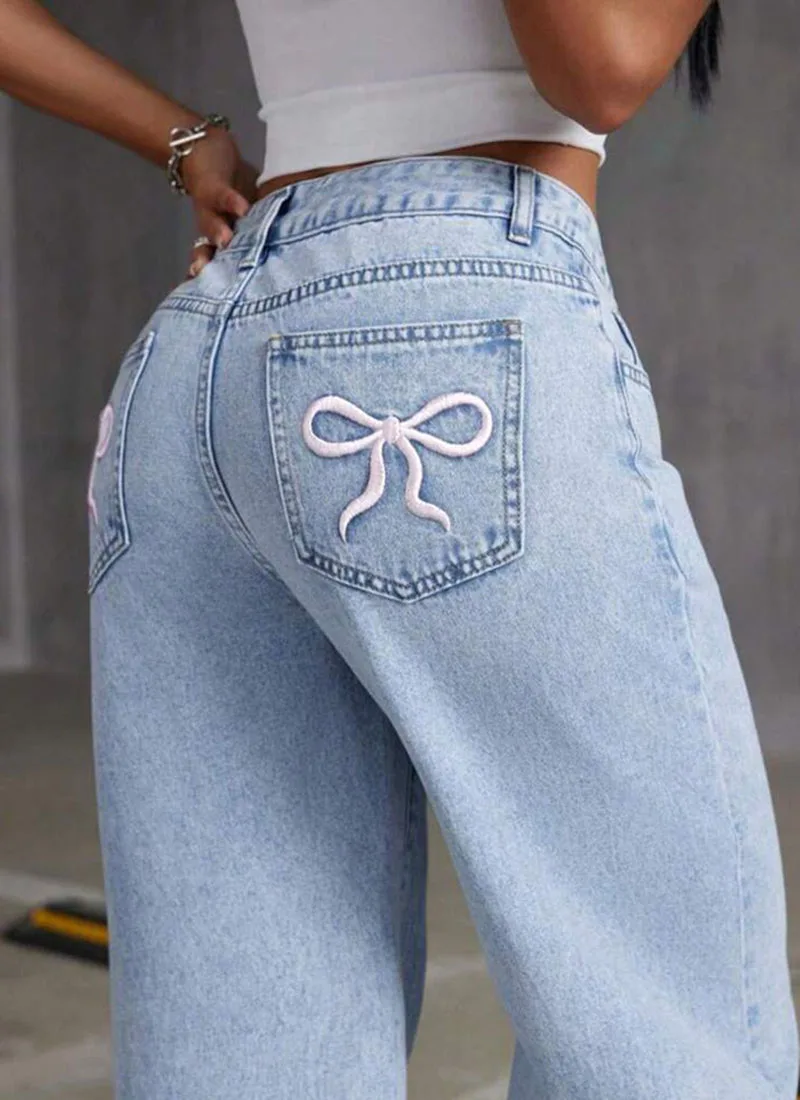 

Женские джинсы с вышивкой фруктов, свободный крой, облегающий дизайн, широкие модные мешковатые джинсы, очаровательные YY2KK