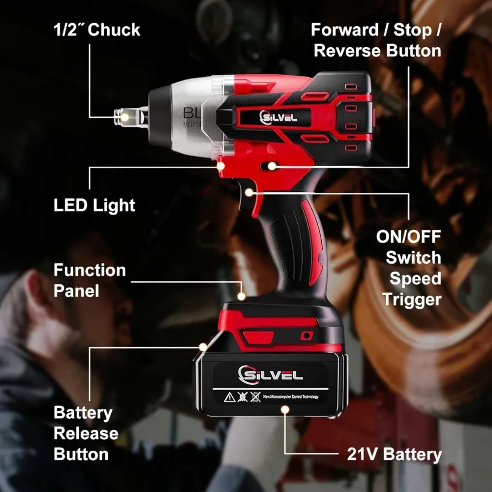 مفتاح ربط لاسلكي 1/2 بوصة، عزم دوران 700 نيوتن متر، محرك بدون فرشاة 21 فولت مع بطارية ومآخذ لإصلاح السيارات #6