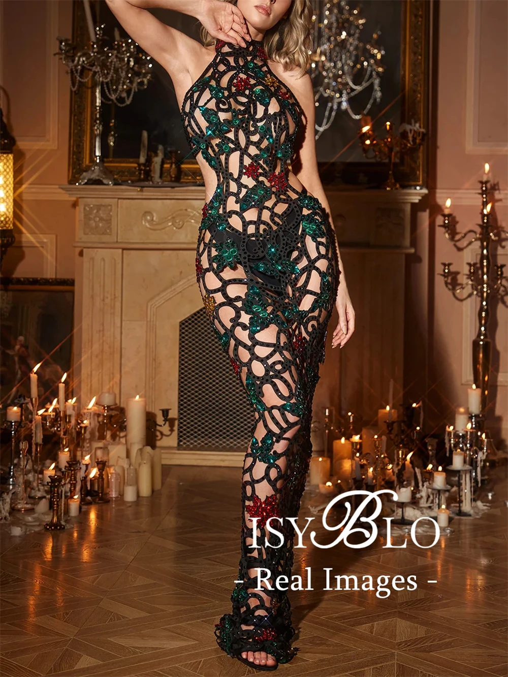 ISYBLO Cut Out Floral Maxi Dress Sheer Back Sheath Long Evening Dresses Party Prom Gown Night Club Costume Dresses
