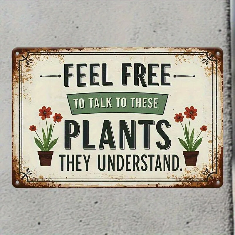 Vintage Metallschild „Feel Free to Talk to These Plants“ – Rustikale Blumen-Wandkunst mit Topfpflanzen-Illustrationen, langlebig