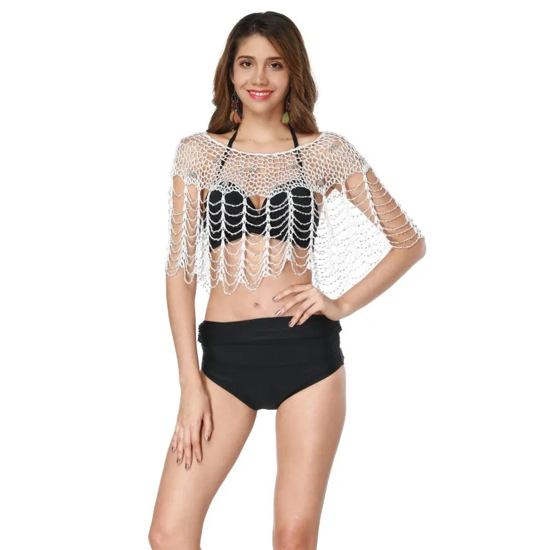 White Women Sexy Hollow Out Bikini Cover Ups Handmade Crochet Thin Beach Shawl Cape Tops Beaded One Free Size