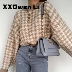 Vrouwen Geometrische Kaki Gebreide Trui Vrouwen Casual Houndstooth Dame Trui Vrouwelijke Herfst Winter Retro Jumper
