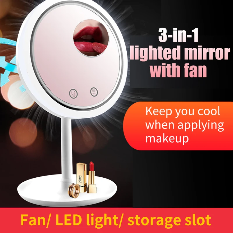 Triplex one fan makeup mirror Small mirror creative with fan led with lampstand magnifying glass makeup essential