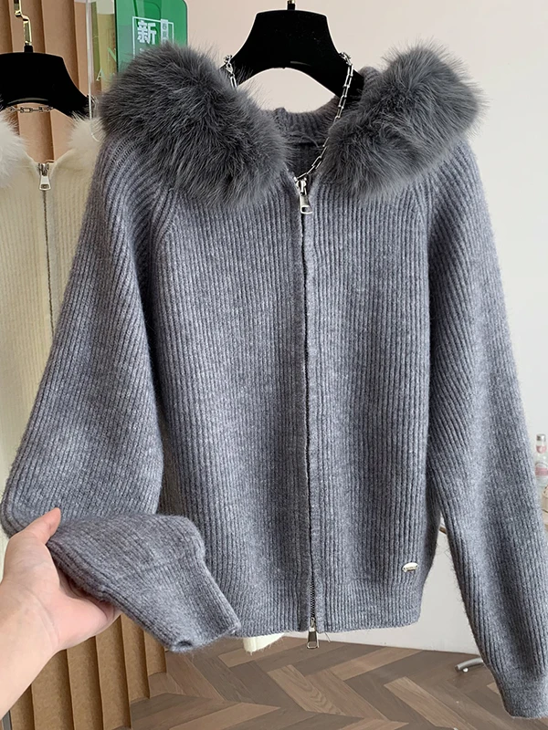 Loose Women's Knitted Sweater Coat with Double Zipper And Fur Collar Korean Sle Simple White Open Cardigan Outerwear