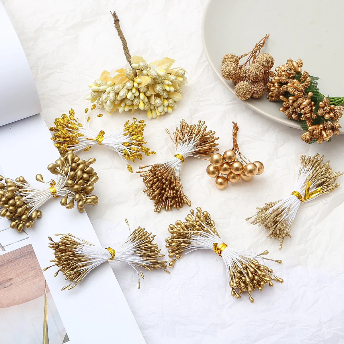 10-144pcs/lot Champagne Gold Color Artificial Flowers Wedding Home Room Decor Simulated Flower Core Table Decoration Accessories
