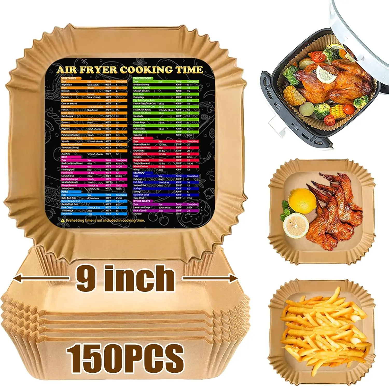 

150Pcs 9 Inch Air Fryer Liners, Non-Stick Parchment Paper Pads for 5-8QT Basket, Oil Resistant, Easy Clean