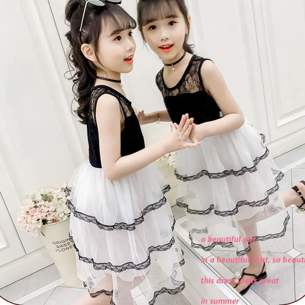 Elegant Sleeveless Girls Princess Dress Teens Party Summer Lace Dress Beach Vacation Sweet Children Mesh Dress Holiday
