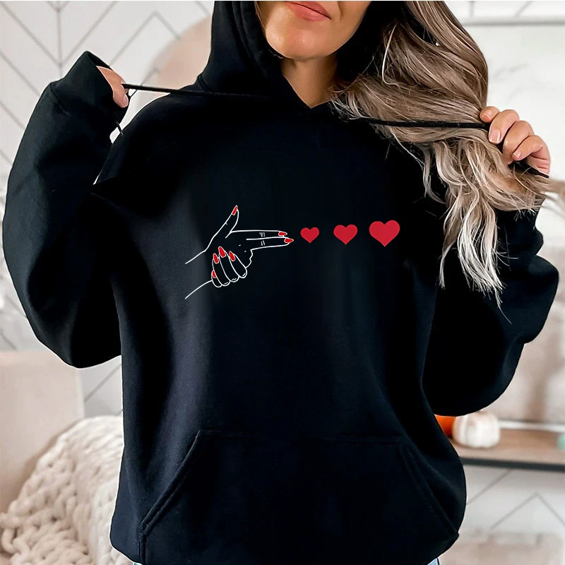 Funny Heart Pattern Printed Kangaroo Pocket Hoodies 90s Casual Sweatshirts Graphic Y2k Hooded Women's Gothic Streetwear Clothing
