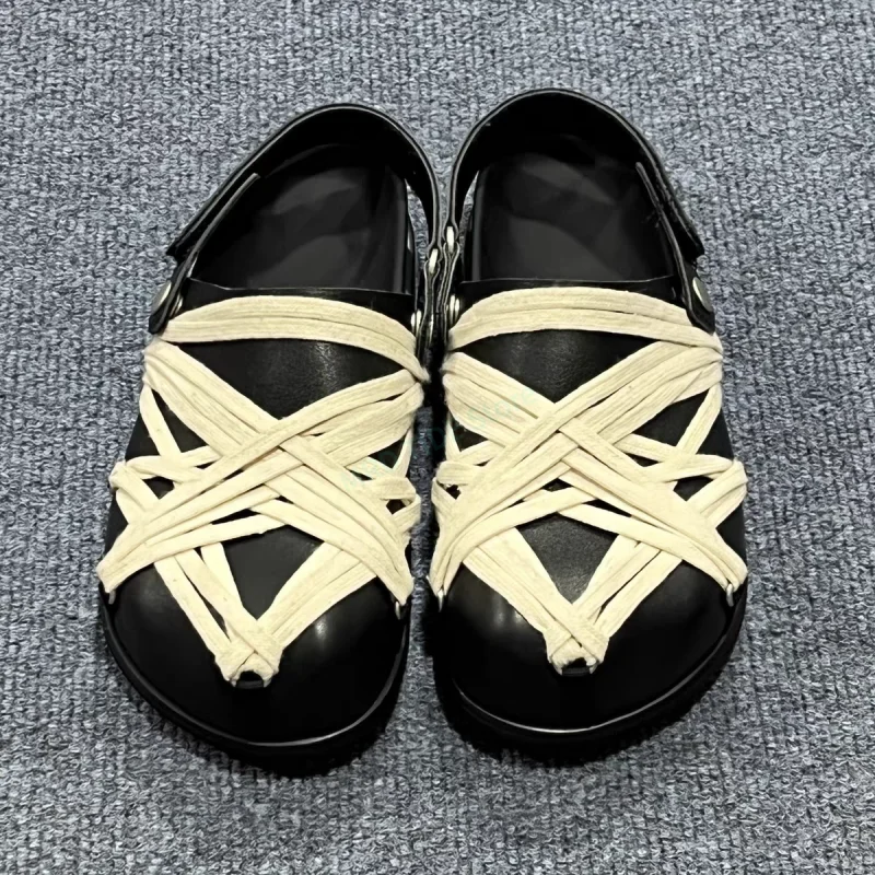 

Men Mules Brand Casual Shoes Cross-Tied Horsehair Genuine Leather Women Slides Basic Outside Fashion Luxury Designers Shoe