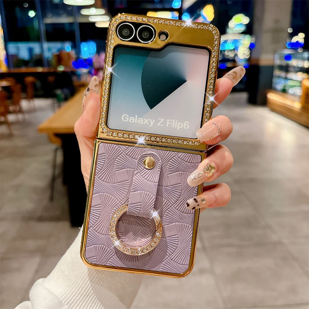 Electroplated Diamond Inlay Leather Ring Phone Case for Samsung  Galaxy Z Flip 6 5 Flip6 Flip5 5G Shockproof Protective Cover