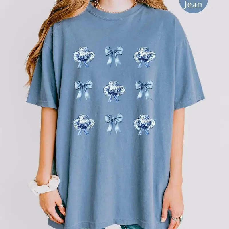 Blue Toile Coquette Bow T Shirt Chinoiserie Design Vintage Inspired Western Elegant Retro Cowgirl Hat