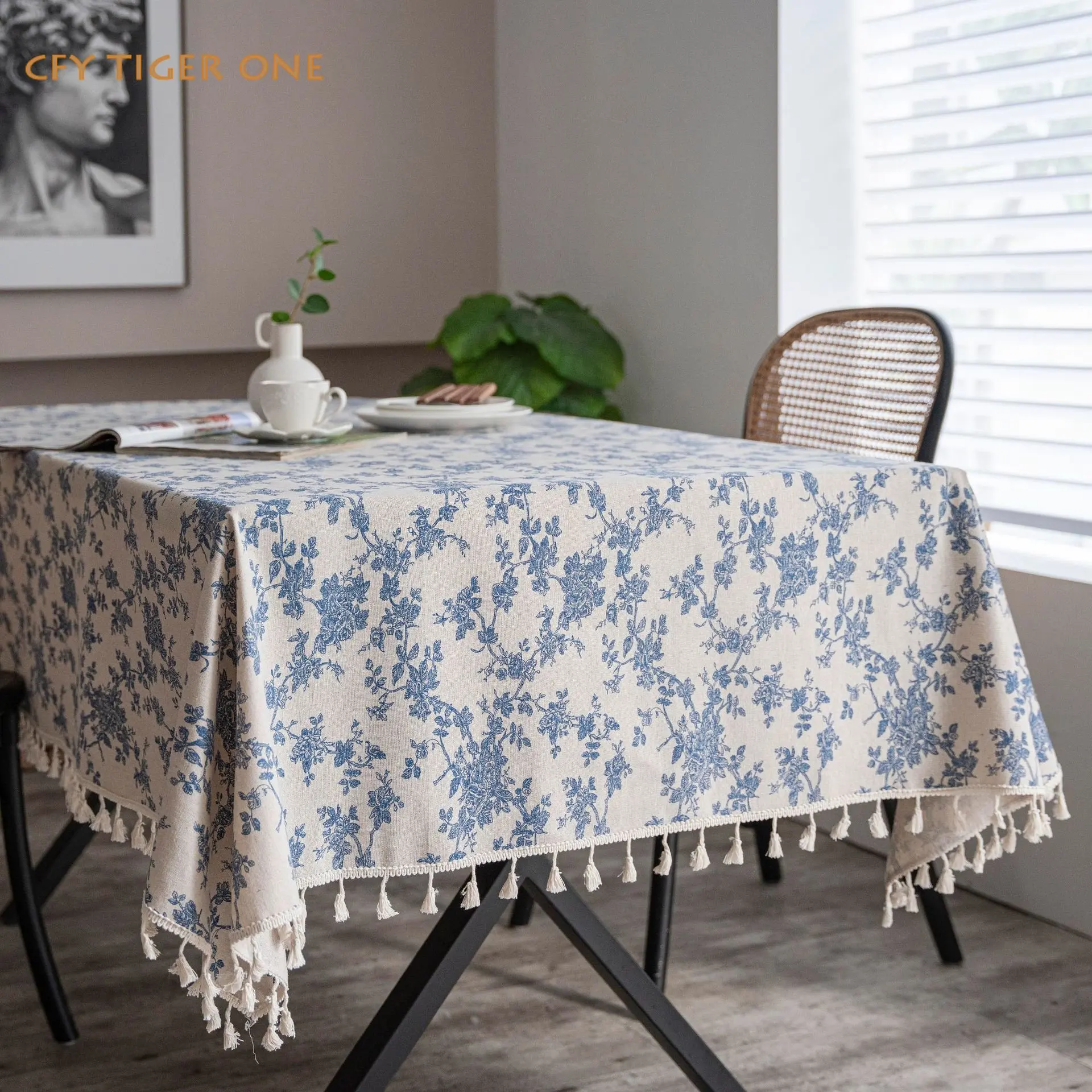 

American Style Vintage Tablecloth for Table Pastoral Decorative Rectangular Tablecloth with Tassel Dining Table Cover Tea Cloth