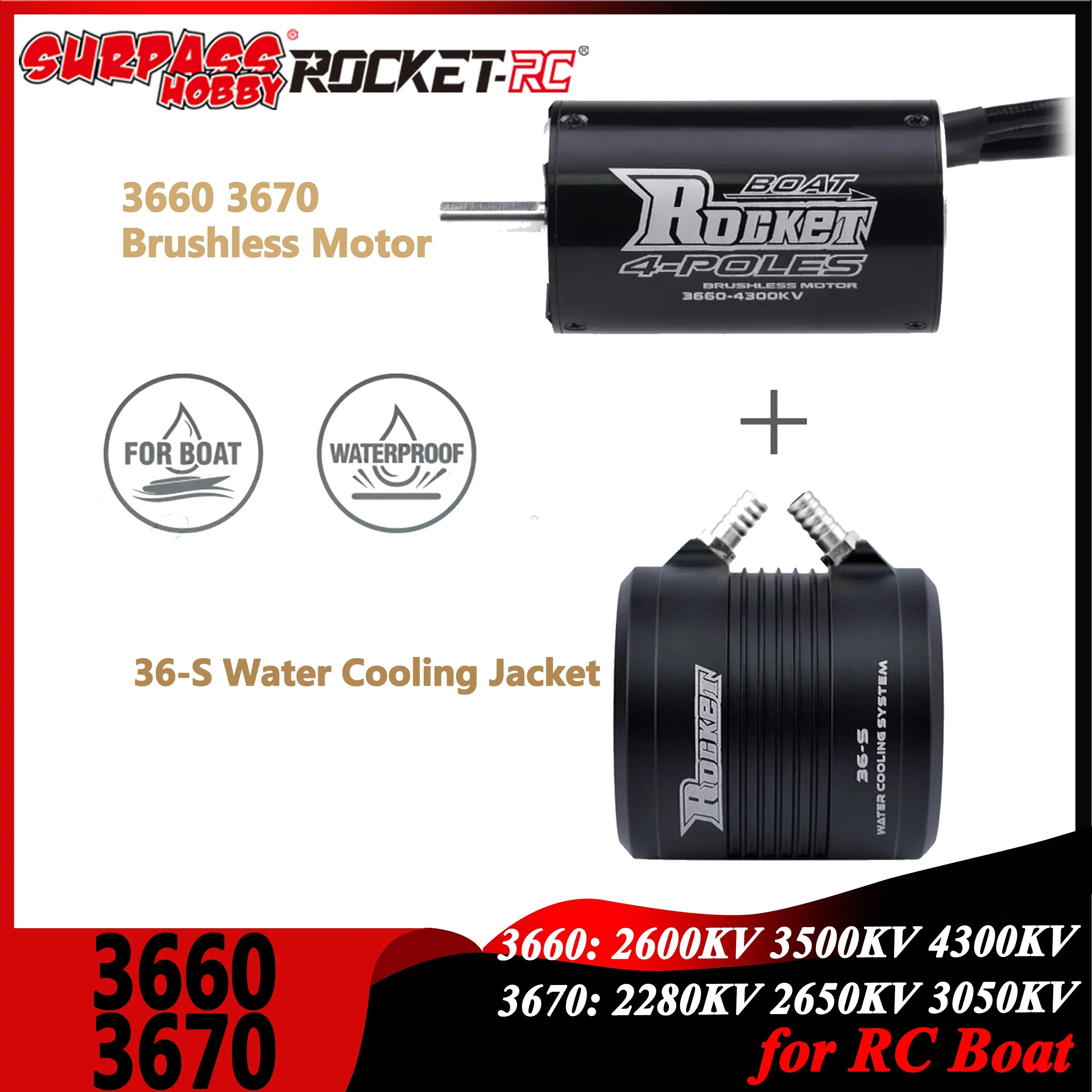 

Surpass Hobby Rocket 3660 3670 Brushless Motor with 36-S Water Cooling Jacket for RC Boat 800mm-1000mm M41 Catamaran Spartan