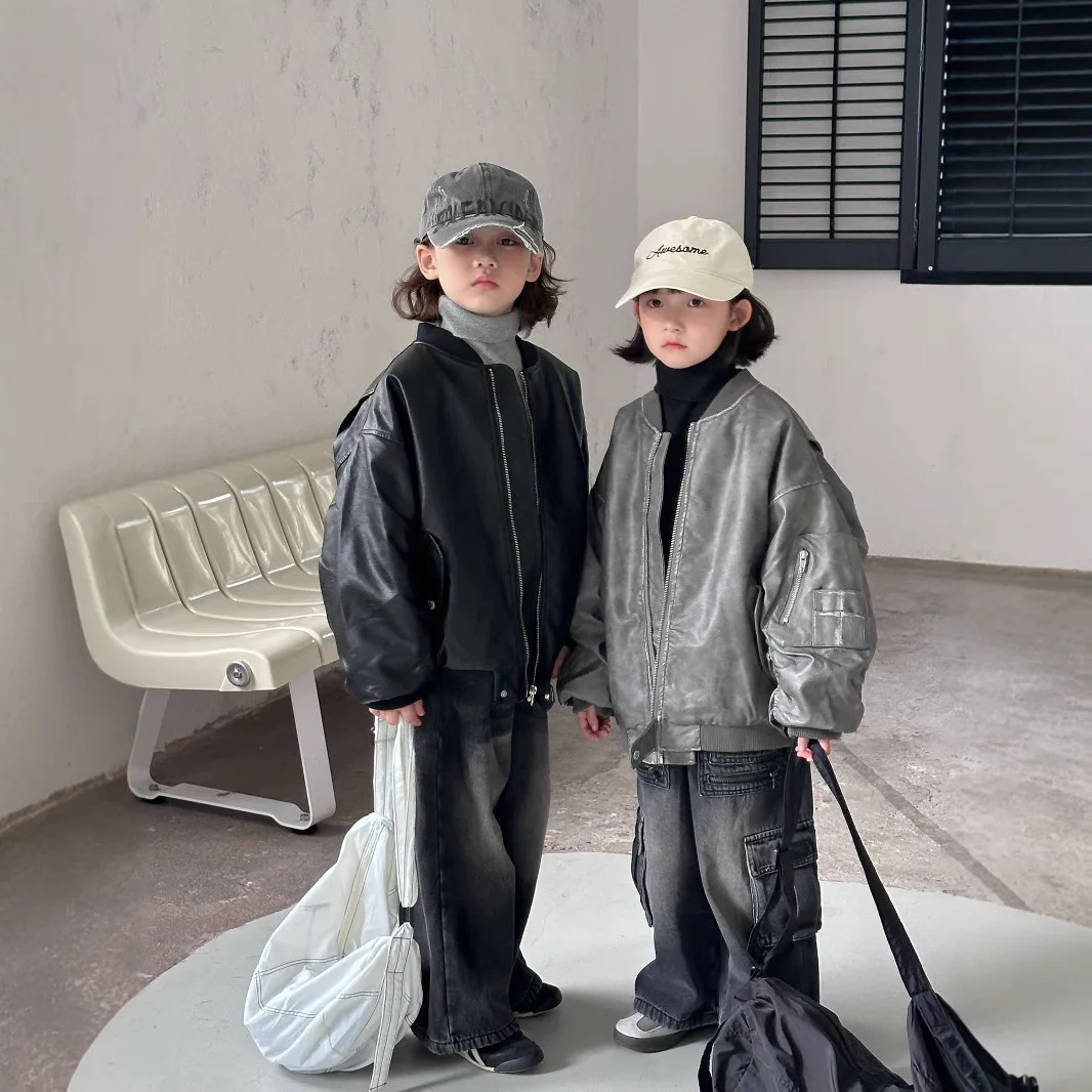 

Childrens Coat 2025 Winter New Retro Motorcycle with Cotton Leather Jacket Fashionable and Handsome Temperament