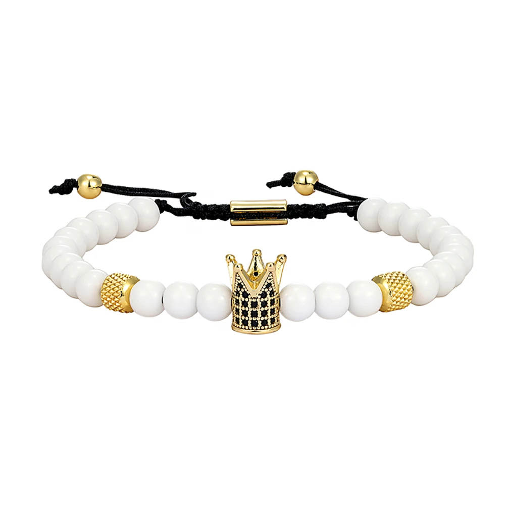 White Matte Beaded Bracelet for Men Women Adjustable Braided Rope Gold Color Plated Skull Crown Punk Fashion Jewelry Gift