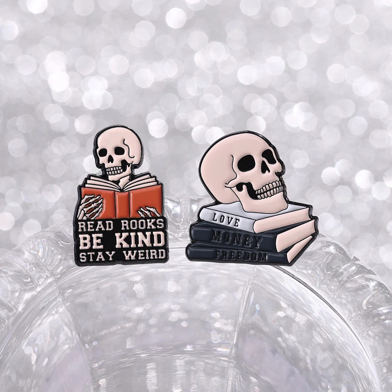 Read Books Be Kind Stay Weird Enamel Pins Skeleton Reading Book Bookish Brooches Lapel Badge Fashion Jewelry Gifts for Friends