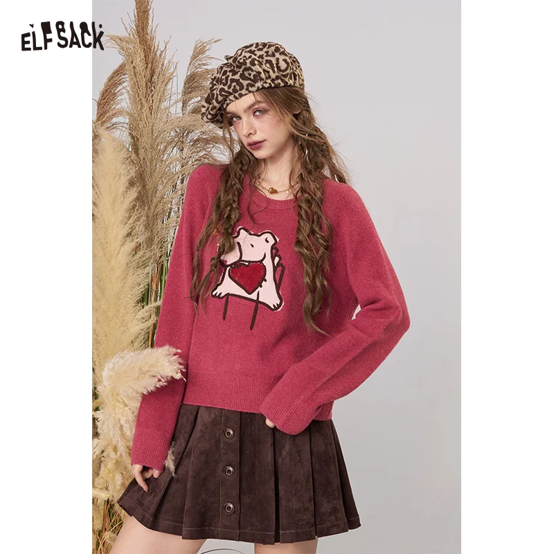 ELFSACK 2025 Winter New Arrivals Casual Round Neck Cartoon Embroidery Loose Fit Sweater For Woman