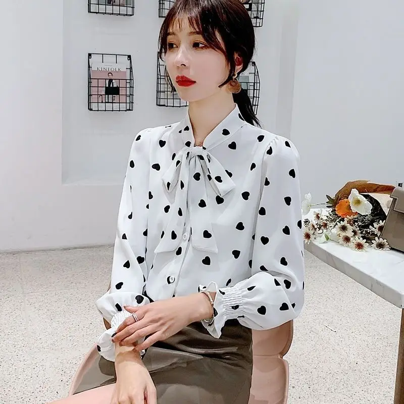 Sweet Princess Sleeve Printed Lace Up Bow Polka Dot Shirt Female Clothing 2022 Autumn New Casual Tops Loose Office Lady Blouse