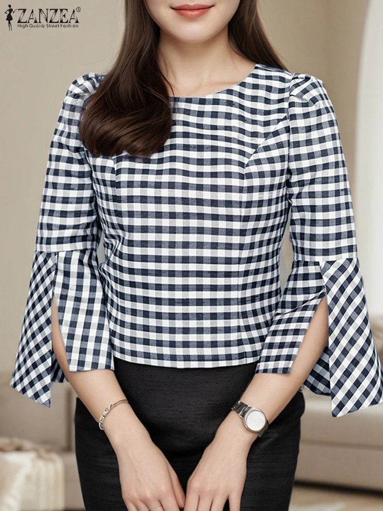 

Plaid Blouse Women Split 3/4 Flare Sleeve Tops Casual OL Work Tunic Summer Pullover Fashion Oversized Loose Tops 2025 ZANZEA
