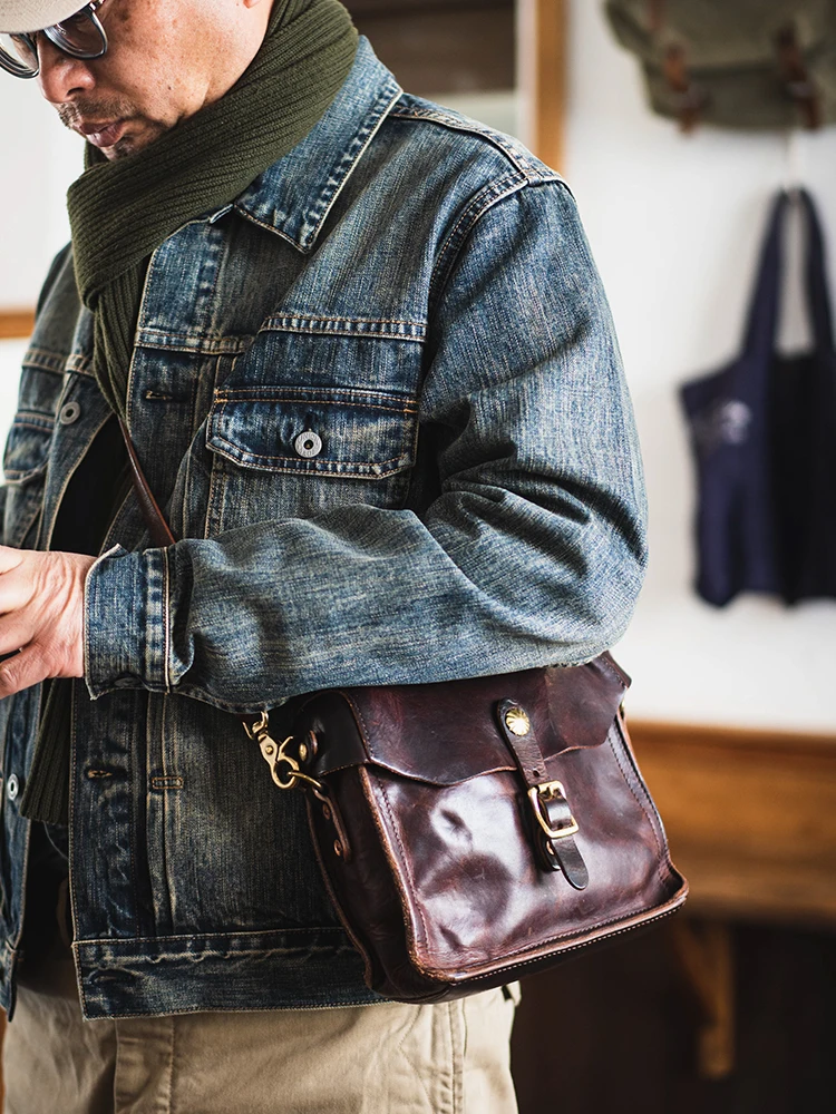 Retro vegetable tanned cowhide men small crossbody bag fashion casual designer handmade heavy genuine leather phone shoulder bag