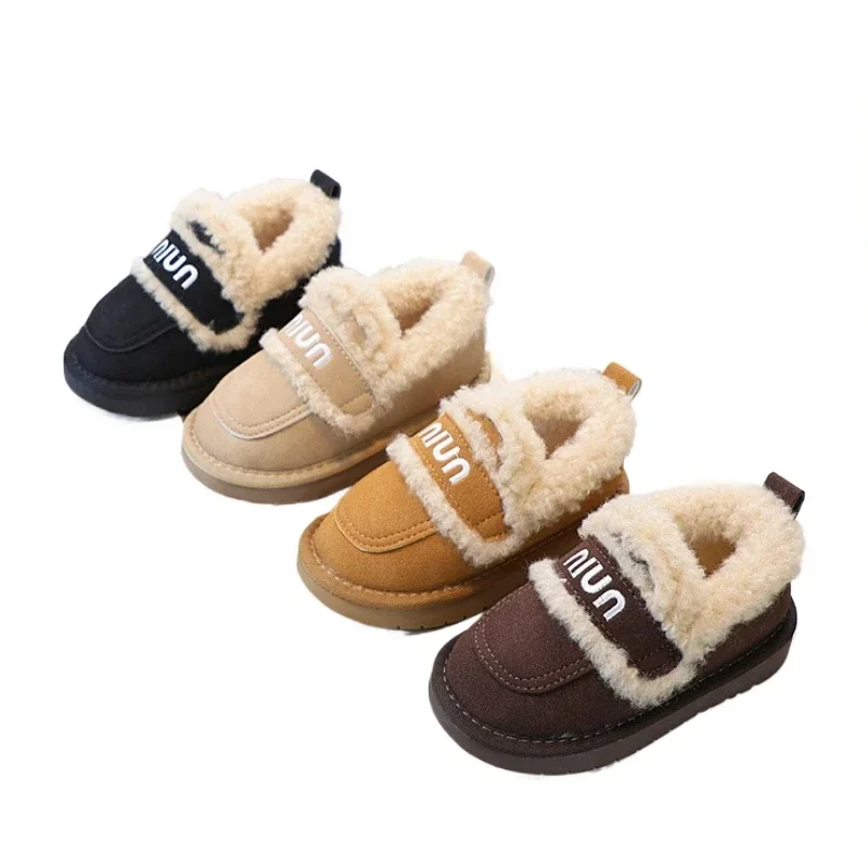 

Winter Children Boys Girls Round Head Lambswool Warm Non-slip Nude Flat Casual Shoes Kids Toddler Thick Warm Cotton Shoes